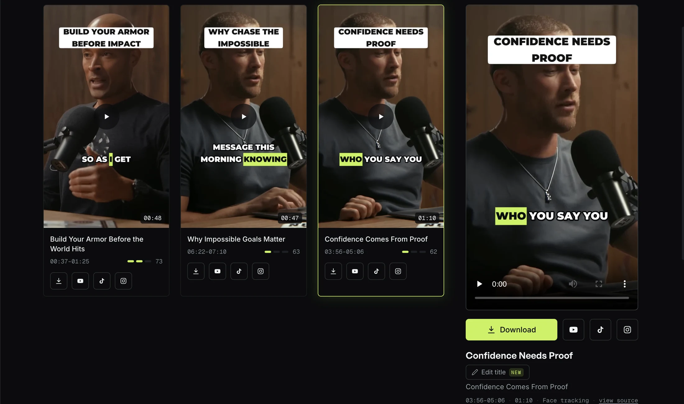 ClipFlap's AI video clipping dashboard: generated vertical clips listed with scores, durations, a player and the word-by-word transcript