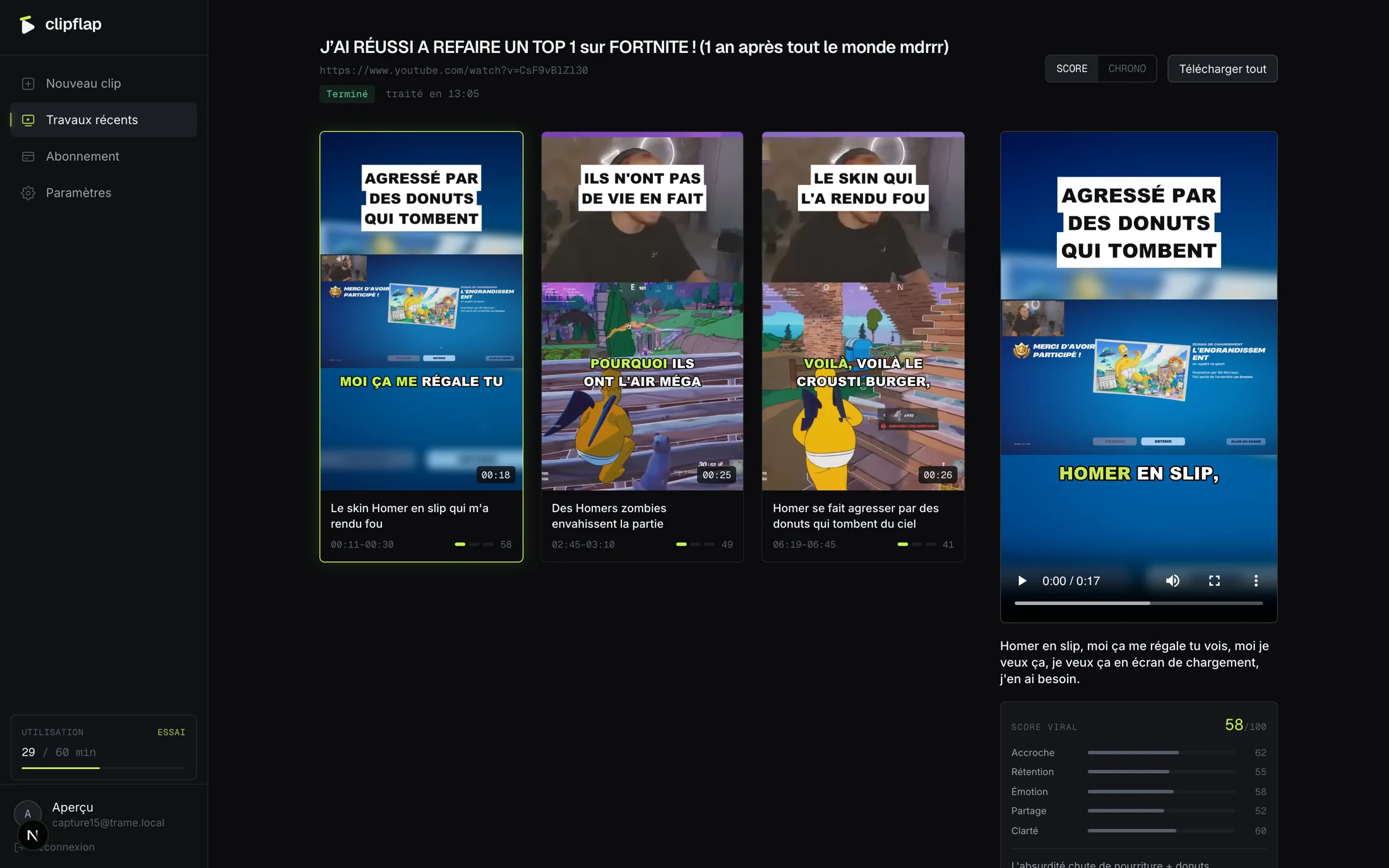 L'interface de ClipFlap : clips générés avec scores, durées, lecteur et transcription